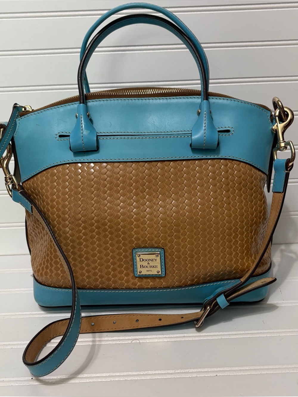 Dooney & Bourke Blue Leather Brown Woven Domed Satchel Shoulder Bag Purse Tote